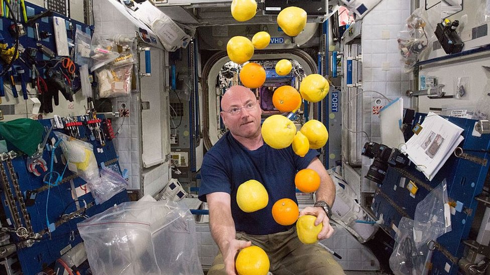 NASA astronaut Scott Kelly gathers the supply of fresh fruit in space