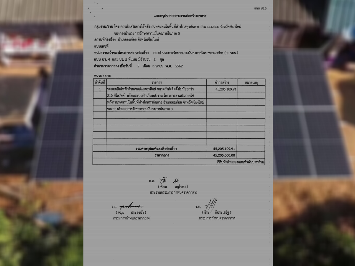 แชร์เอกสารฝ่ายความมั่นคง สร้างโซลาร์เซลล์ที่อมก๋อย 45 ล้าน