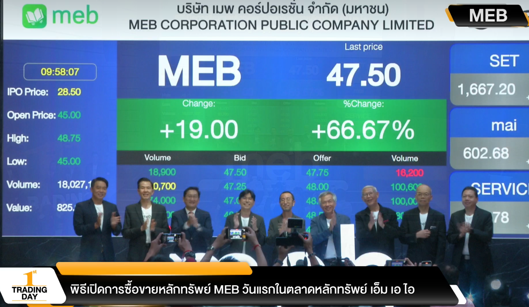 MEB ซื้อขายวันแรกราคาอยู่ที่ 45.00 บาท เหนือจอง 57.89%
