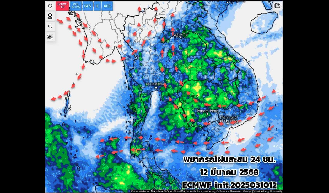 กรมอุตุฯเตือน 12-13 มี.ค.นี้ รับมือฝนฟ้าคะนอง ลมแรง 40-60% ของพื้นที่