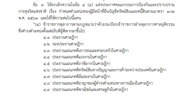 ราชกิจจาฯเผยแพร่ประกาศป.ป.ช. ให้ขรก.ตุลาการ 32 ตำแหน่งยื่นบัญชีทรัพย์สินฯ