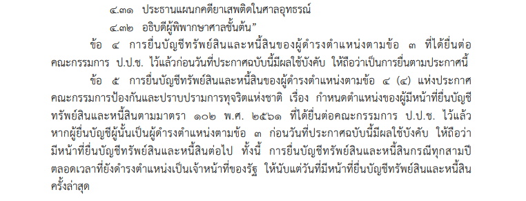 ราชกิจจาฯเผยแพร่ประกาศป.ป.ช. ให้ขรก.ตุลาการ 32 ตำแหน่งยื่นบัญชีทรัพย์สินฯ