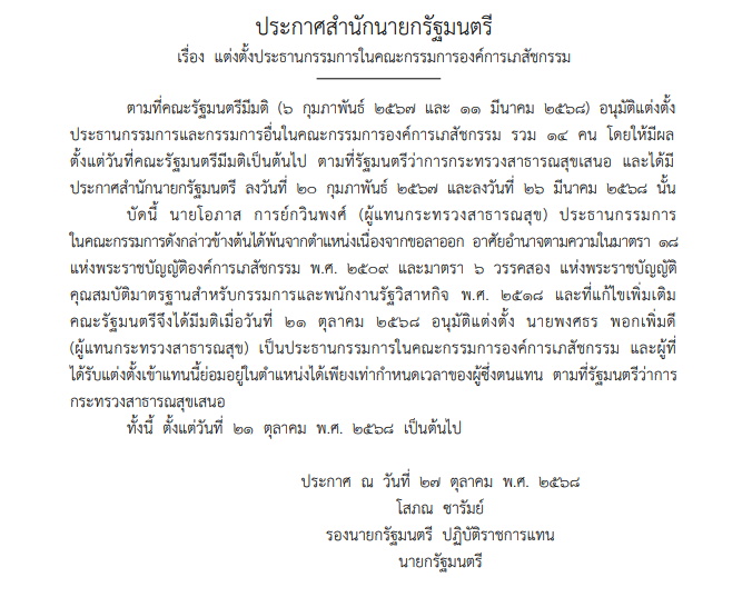 ราชกิจจาฯประกาสแต่งตั้ง ประธานองค์การเภสัชกรรมคนใหม่