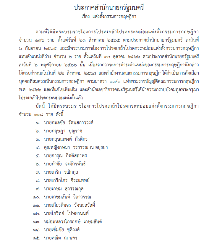 เปิดรายชื่อ 138 คณะกรรมการกฤษฎีกาชุดใหม่